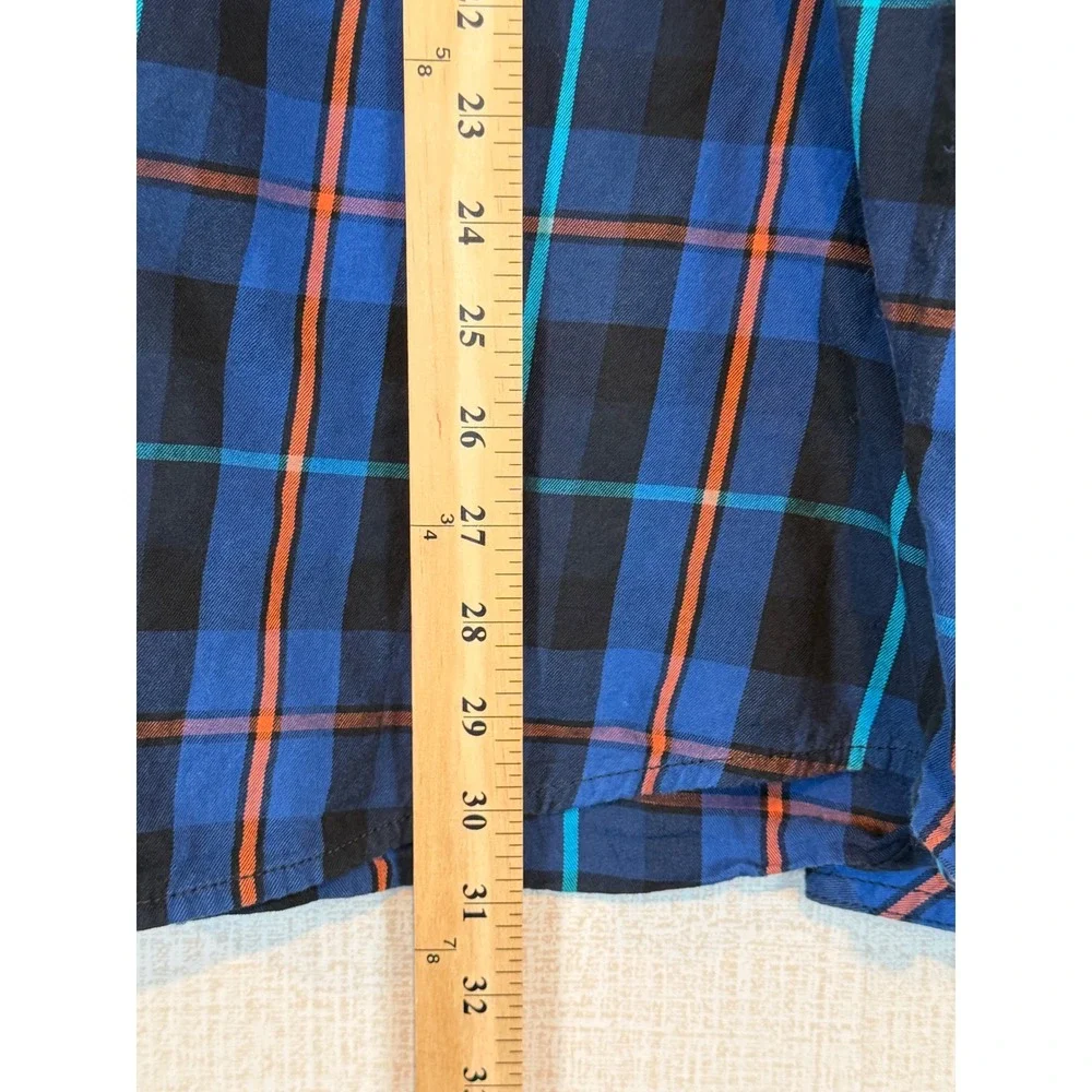 True Religion Mens 3XL Blue Orange Plaid Western Button Down Horseshoe Shirt Y2K